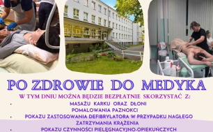 Plakat z zaproszeniem i harmonogramem na dzień otwartej szkoły w Pomorskiej Medycznej Szkole Policealnej w Słupsku „Medyk”